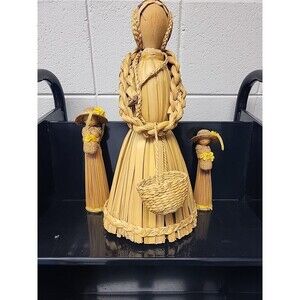 Corn Husk Braided Wooden Head Dolls 14", 8", 6.5" Holding Flowers Basket-3 *Read